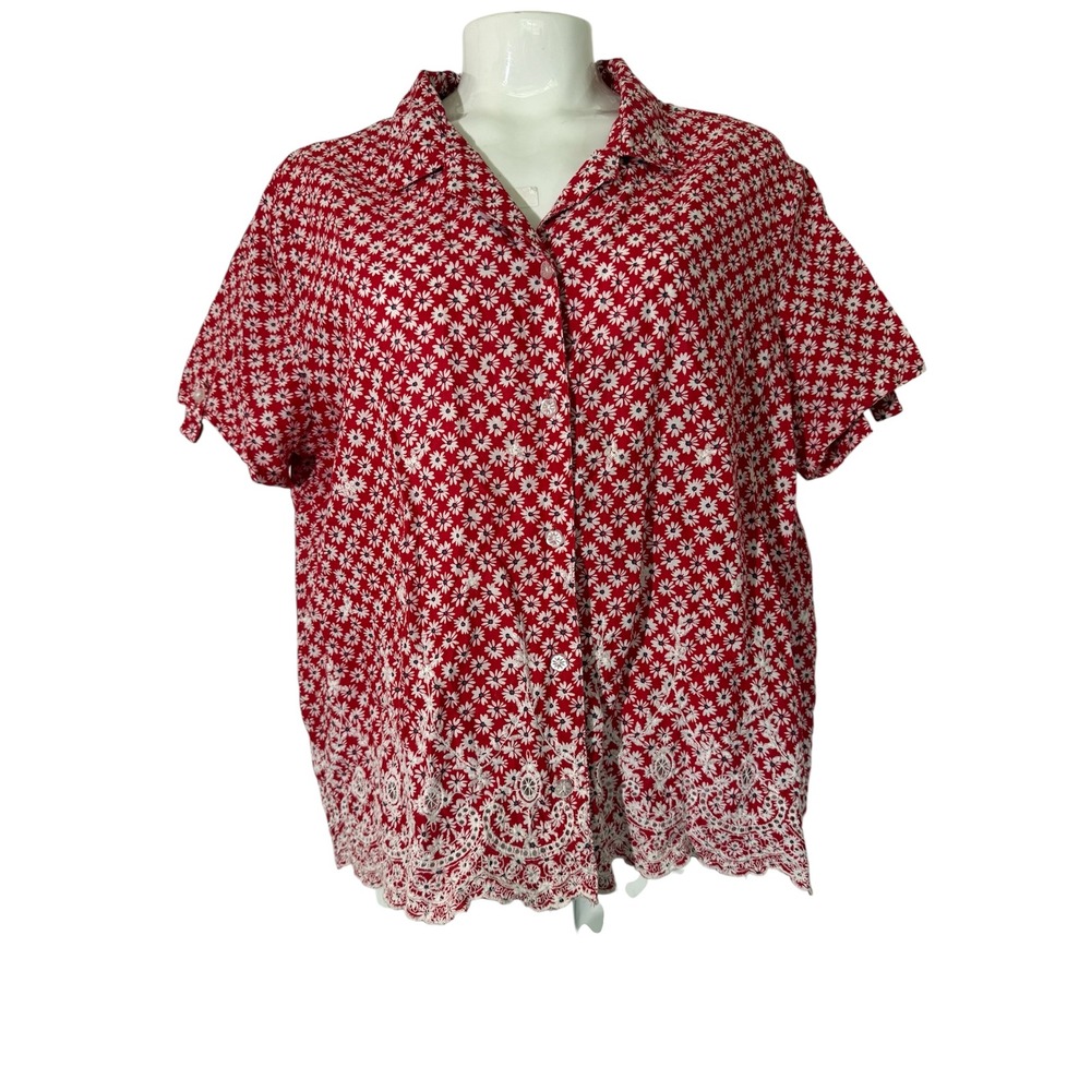 VTG 100% Cotton Red White Daisy Floral Eyelet Lace Cottagecore Peasant W XL